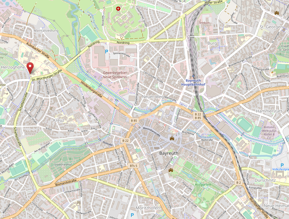 Kartenausschnitt der Bayreuther Innenstadt. Markiert ist die Dr.-Würzburger-Straße 8, 95445 Bayreuth